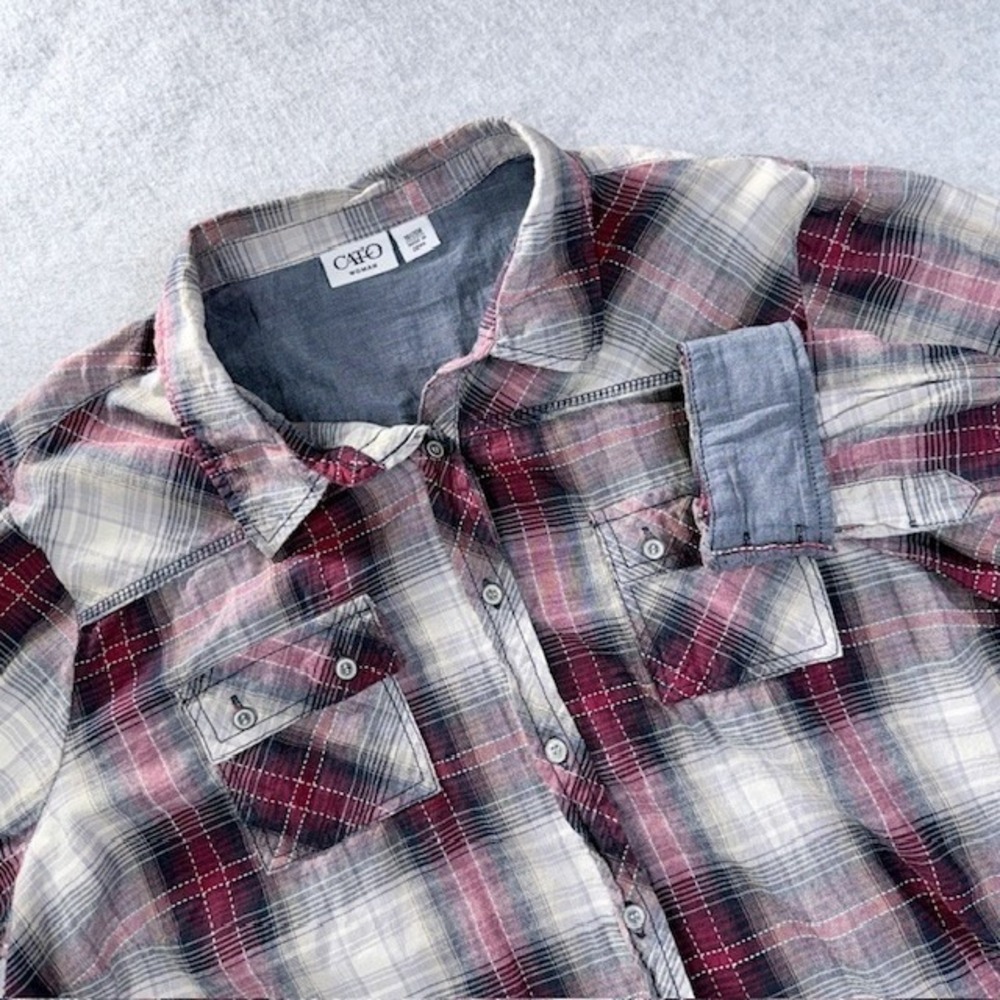Cato Woman Plaid Button Down Shirt Burgundy Grey Cotton Plus Size 18/20W RN37080